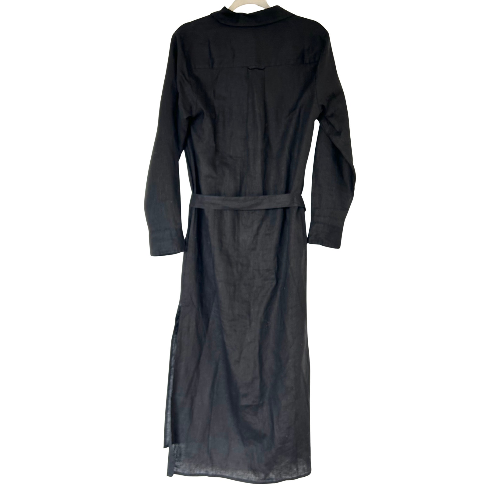 Pura Cashmere Luxe Linen Shirt Dress Black 100% Linen Belted Maxi Medium — image 7 of 8